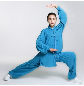Blue yellow white black red fuchsia hot pink light pink long sleeves cotton linen comfortable material women men's ladies female unisex kung fu martial  Chinese style folk dance costumes outfits set 